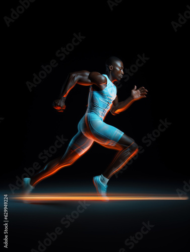 Afro American athlete running in motion blur against dark background, Generative AI illustration © IBEX.Media