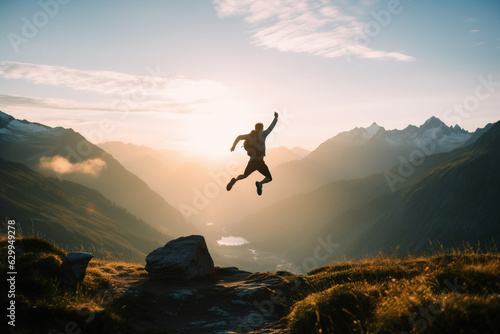 Silhouette of man jumping with joy on mountain in front of bright sun, Generative Ai illustration