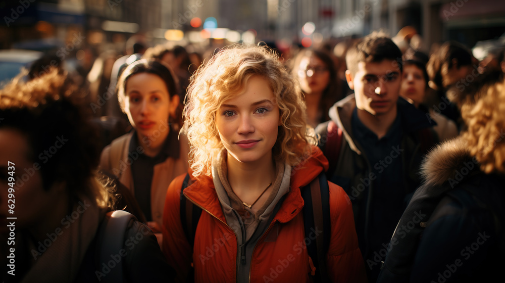 Cute young blonde woman standing in crowd of people, Generative AI illustration Cute young blonde woman standing in crowd of people, Generative AI illustration