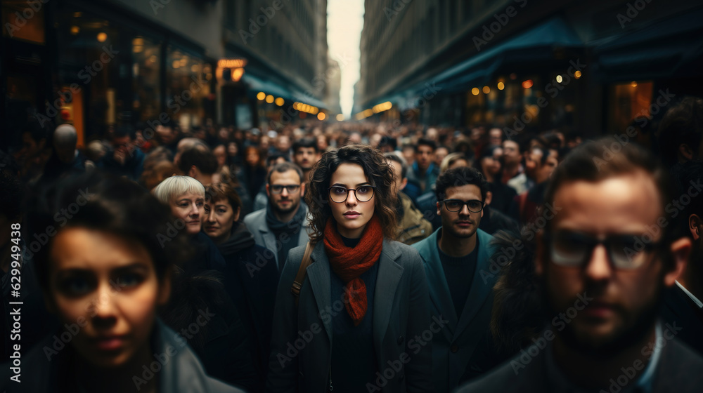 Large group of people standing in the street with focus on  woman looking at camera,  Generative AI illustration - obrazy, fototapety, plakaty 
