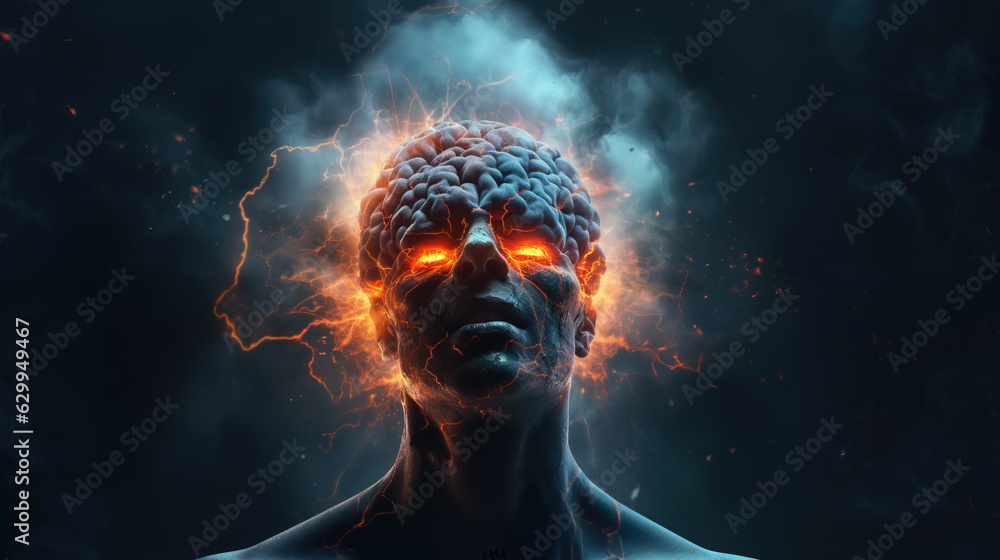 Burn out concept with male head and brain exploding, Generative AI illustration Burn out concept with male head and brain exploding, Generative AI illustration