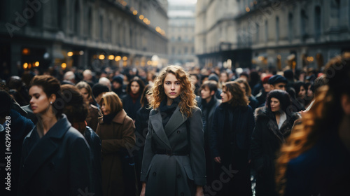 Young woman looking at camera in big crowd of people, Generative Ai illustration