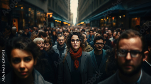 Fotografie, Obraz Large group of people standing in the street with focus on  woman looking at cam