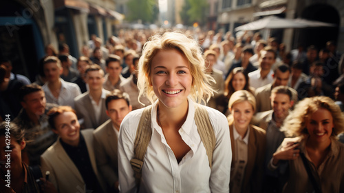 Cute blonde woman smiling in front of large crowd of people,  Generative AI illustration © IBEX.Media
