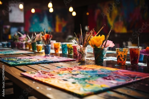 A table adorned with vibrant paint splatters and brushes, Generative Ai