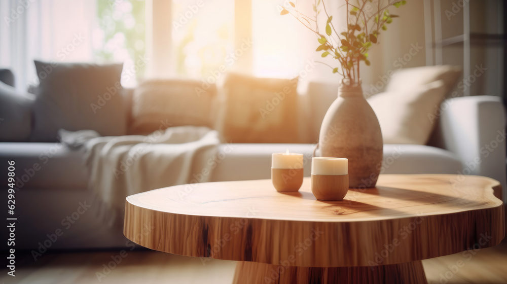 Wood Tabletop Blurred Modern Cozy Living Room, Mockups Design 3D, High-quality Mockups, Generative Ai