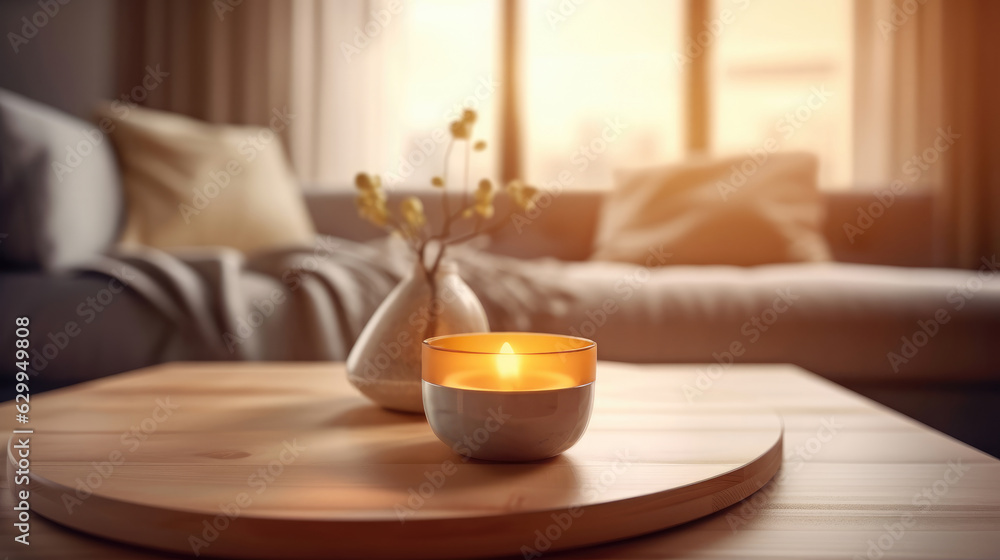 Wood Tabletop Blurred Modern Cozy Living Room, Mockups Design 3D, High-quality Mockups, Generative Ai