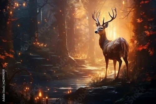 Four beautiful deer in the forest with illuminating fireflies  Generative Ai