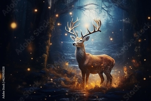 Four beautiful deer in the forest with illuminating fireflies, Generative Ai © Usmanify
