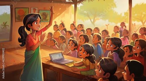 In a quaint rural Indian village, a heartwarming edtech scene unfolds in a vibrant and colorful cartoon illustration. A female teacher, dressed in an elegant sari, stands at the front of a simple 