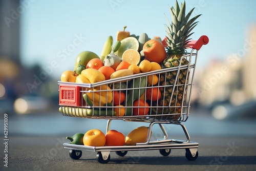 City market shopping cart with ripe  healthy fruits  Generative Ai