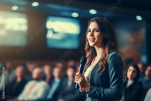Businesswoman speaking in front of audience in seminar indoor © Salsabila Ariadina