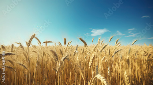 Beautiful Wheat filed shot and sunny day with blue sky with generative ai 