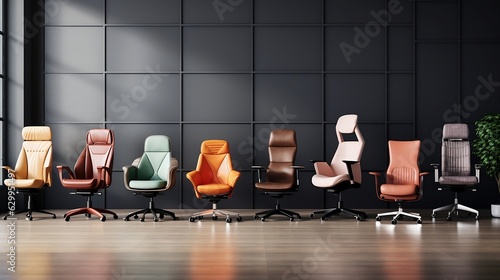 Modern office interior with work chairs on wheels and daylight. furniture store showcase on black wall background with copy space for text