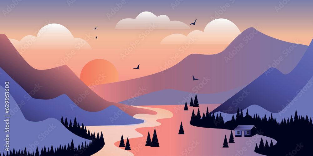 House in forest mountains. Sunset. Travel, hiking, outdoors and adventure concept. Use as background or wallpaper. Vector illustration