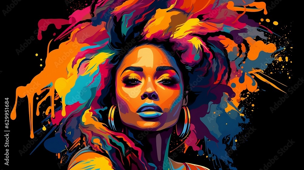 
Close-up portrait of a beautiful ethnic African American woman with flowing color paints with bright makeup and hairstyle and large earrings. Pop art vector illustration on black background.