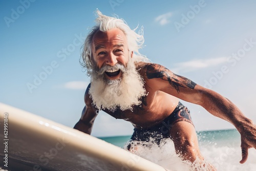 Senior men having fun surfing Sporty bearded man training with surfboard on the beach