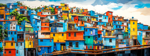 art favelas, colorful houses of poor people in South America, banner made with Generative AI photo