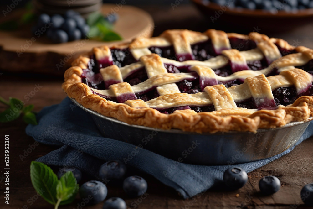 Fresh homemade blueberry pie. Picture for the menu of a cafe or restaurant. Generative AI. Fresh homemade blueberry pie. Picture for the menu of a cafe or restaurant. Generative AI.