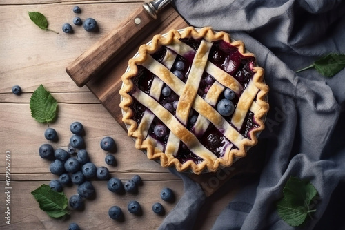 Fresh homemade blueberry pie. Picture for the menu of a cafe or restaurant. Generative AI.