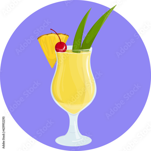 Tropical cocktail Pina Colada. Bright, juicy drink with pineapple and cherry. Vector illustration.