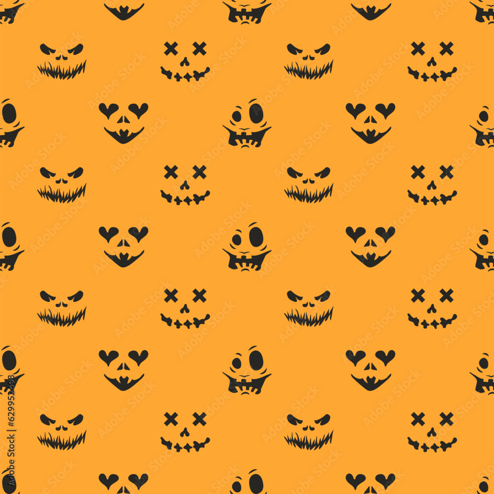 Obraz premium Halloween seamless pattern with spooky faces in cartoon style. Scary and creepy silhouette of faces for Halloween. Pattern with frightful faces for Halloween design.