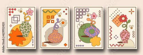 Colorful retro cartoon posters with Geometric shapes and bstract organic flowers and vases. trendy playful Groovy, funky, trippy, hippie, 60s, 70s aesthetic. bauhaus inspired.