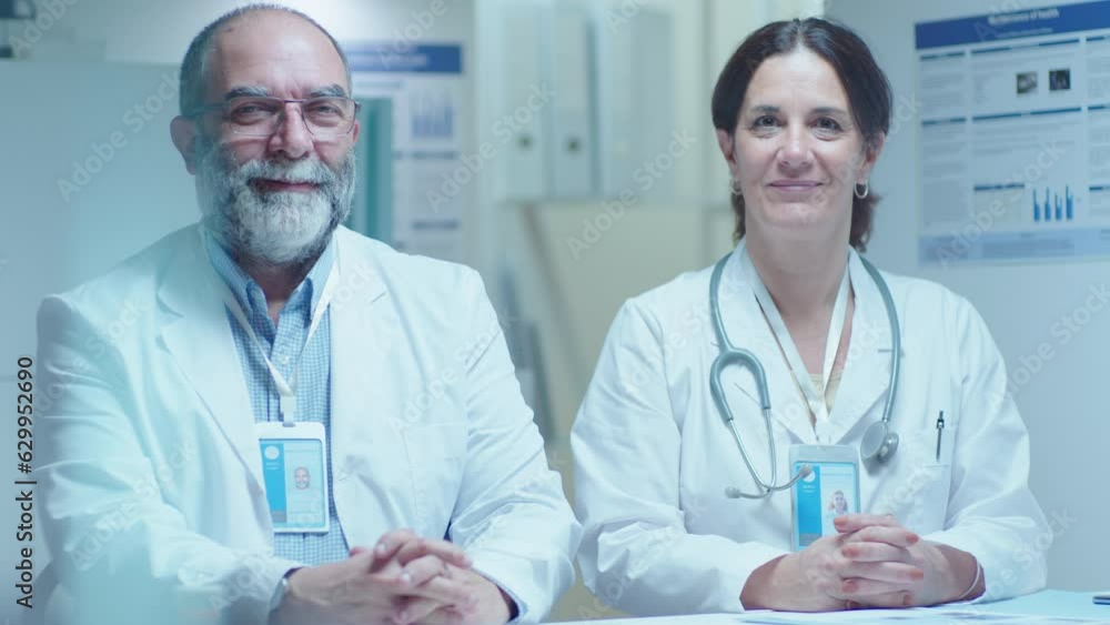 Senior male doctor and his female colleague sitting together at desk and smiling on camera during workday in clinic, both wearing white coats and stethoscopes. Medium shot, video portrait Senior male doctor and his female colleague sitting together at desk and smiling on camera during workday in clinic, both wearing white coats and stethoscopes. Medium shot, video portrait