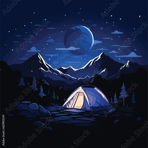 Dark night in camp site with stars and moon flat design