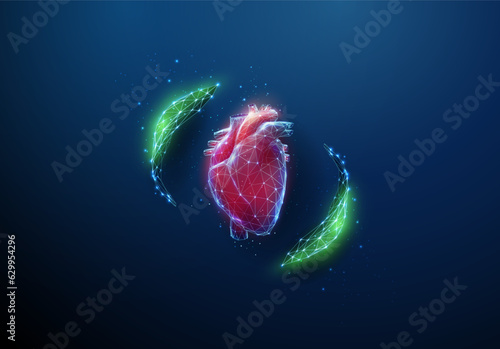 Abstract red human heart with green leafs.