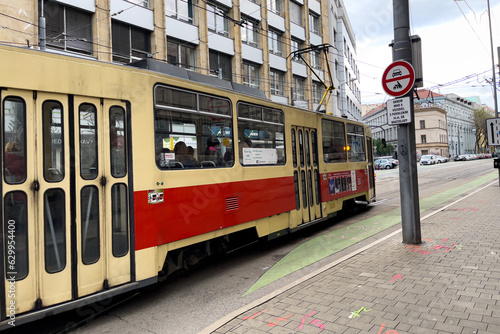 Tramway passing on a cobblestone road in Bratislava, Slovakia