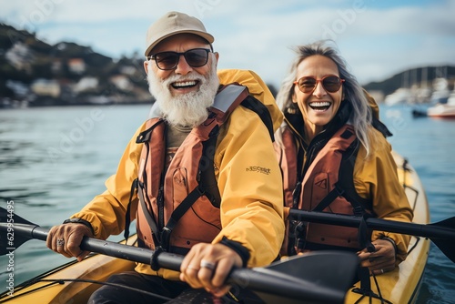 Happy retired couple enjoying travel moment paddling on kayak