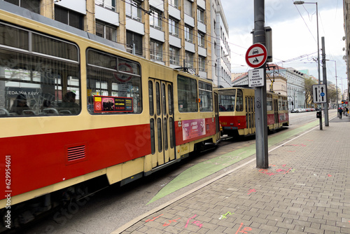 Tramway passing on a cobblestone road in Bratislava, Slovakia