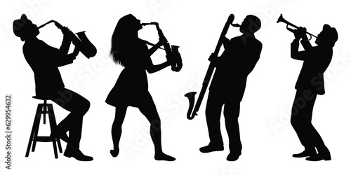 Tela Musician or Musical bands Black Silhouettes Vector illustration