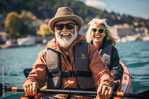 Happy retired couple enjoying travel moment paddling on kayak © Salsabila Ariadina
