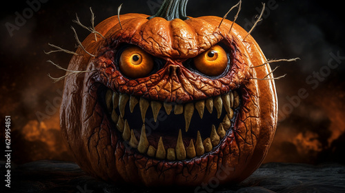 scary halloween pumpkin head isolated on dark background. Perfect image for halloween invitation cards.