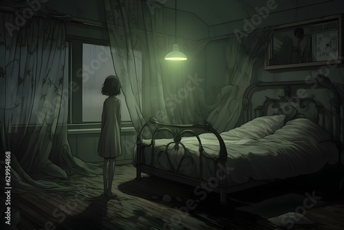 A horror anime image of a woman standing near bed with dark gloomy atmosphere, night terror with only lamp is source of light