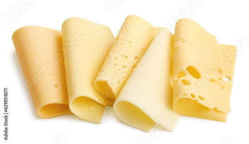 Group of different rolled cheese slices isolated on white background