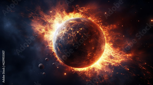 planet in front of its sun in space. Space background wallpaper for desktop