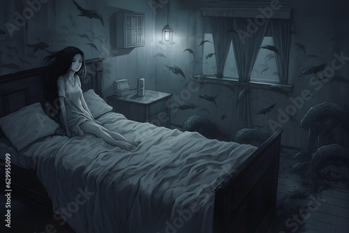 Fotografie, Obraz A horror anime image of a woman sitting on bed with dark creature floating aroun