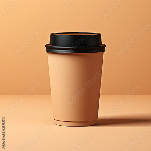 Paper cup filled with black coffee in 3D over beige background. Made with generative, ai