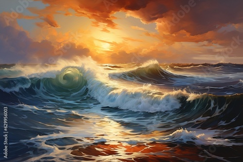 Oil painting of the sea on canvas, Generative Ai