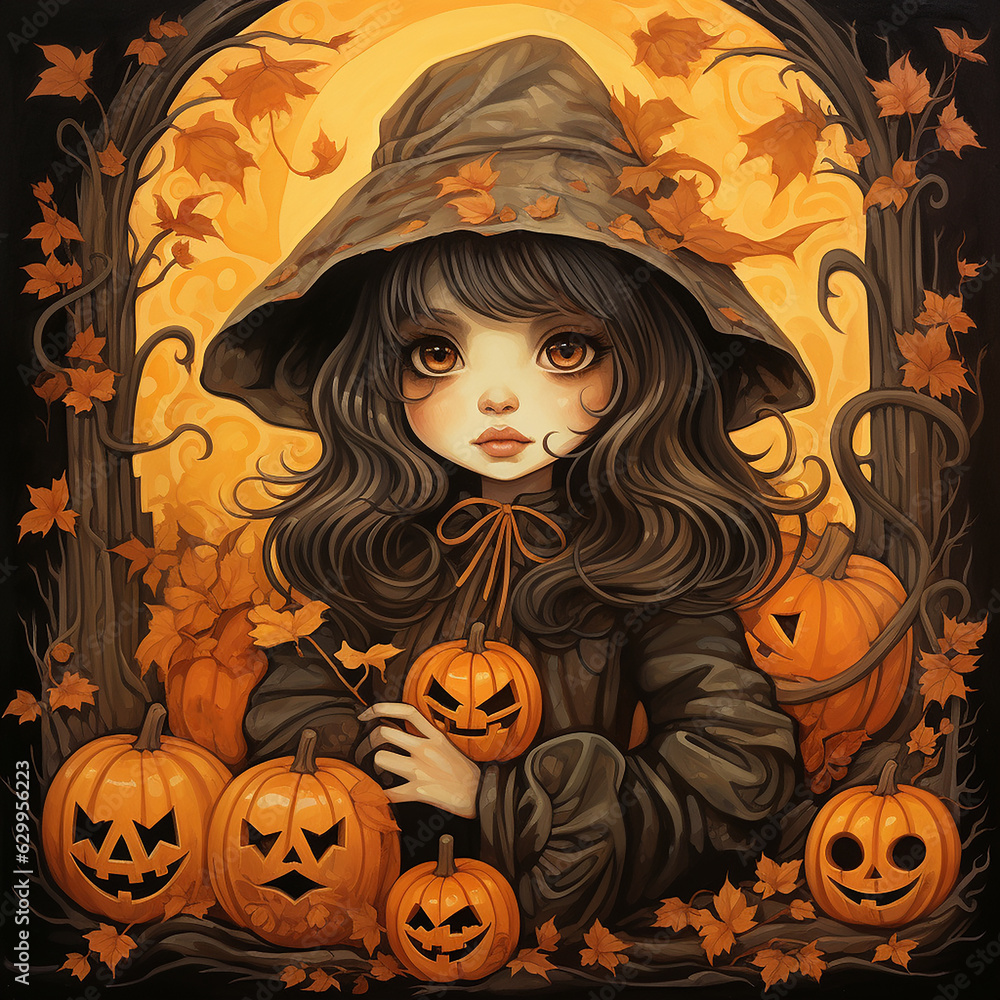 Halloween Witch. Forest Witch. Pumpkin Witch. Jack-o'Lantern