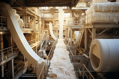 Pulp and paper mill with columns of freshly bleached paper, Generative Ai photo
