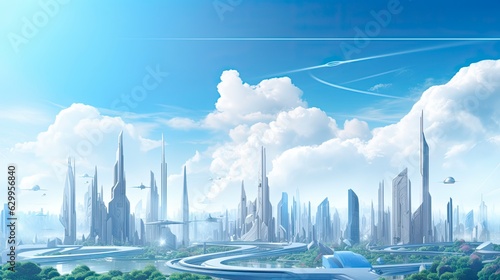 Futuristic Cityscape Panorama. 3D Creative Concept Illustration  Megapolis Skyline with Skyscrapers  Towers  and Flying Vehicles. Urban View of Futuristic Town on Sky Background  Generative AI
