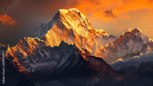 Himalayan Glory: Stunning Sunset Over Panchachuli Mountain Peaks in India's Majestic Himalaya: Generative AI