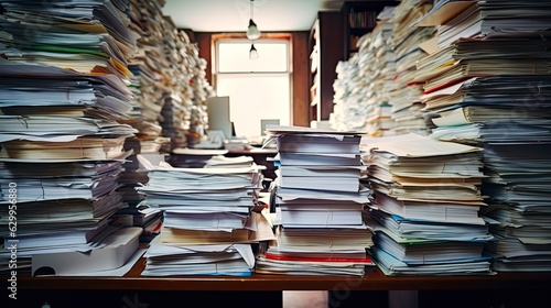 Managing Your Documents with Stacks of Paperwork: Efficient Storage and Archive Management. Generative AI photo