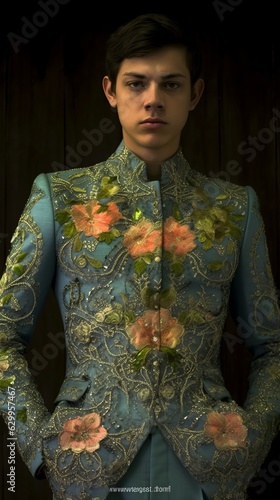 young fashion man in sheer embroidered suit. AI Generative