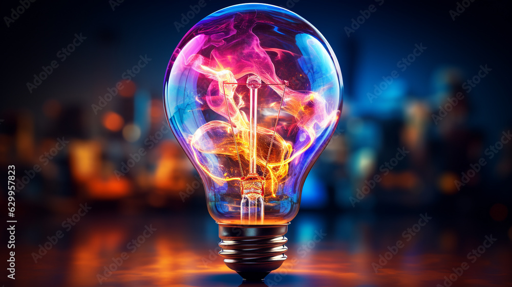 leuchtende Glühbirne in Neon Farben mit dunklem Hintergrund. Generative Ai. leuchtende Glühbirne in Neon Farben mit dunklem Hintergrund. Generative Ai.