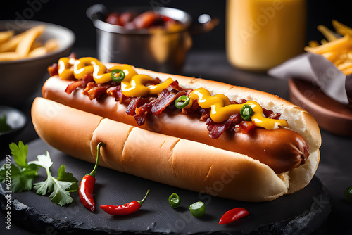 Delicioso perrito caliente de chilli y queso. Comida rápida para llevar. Apetitoso hot dog de salchicha con chilli. Ilustración creada con herramientas generativas de IA.	 photo